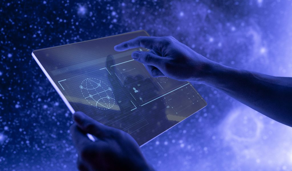 Researcher using a transparent digital tablet screen futuristic Transformação Digital